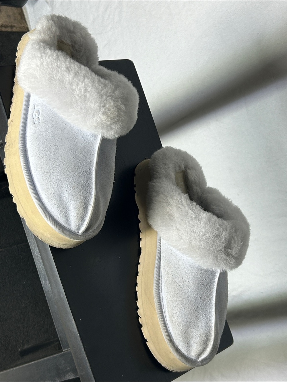 UGG White Suede Shearling Slip-On Mules with Tan Sole